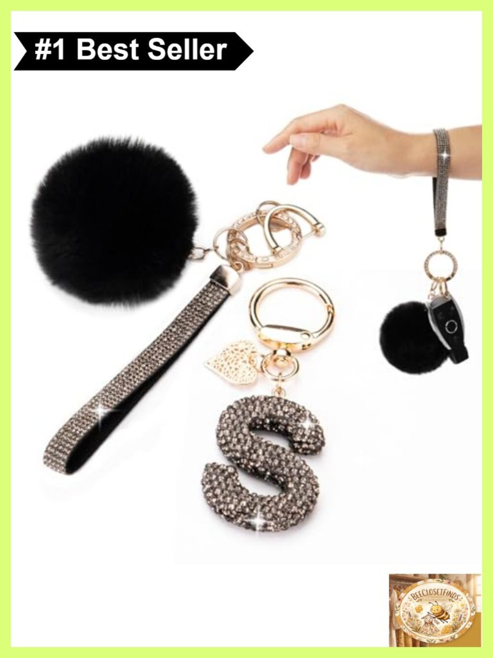 Rhinestone Initial Keychain Wristlet Pom Pom Bag Charm Faux Fur Sparkly